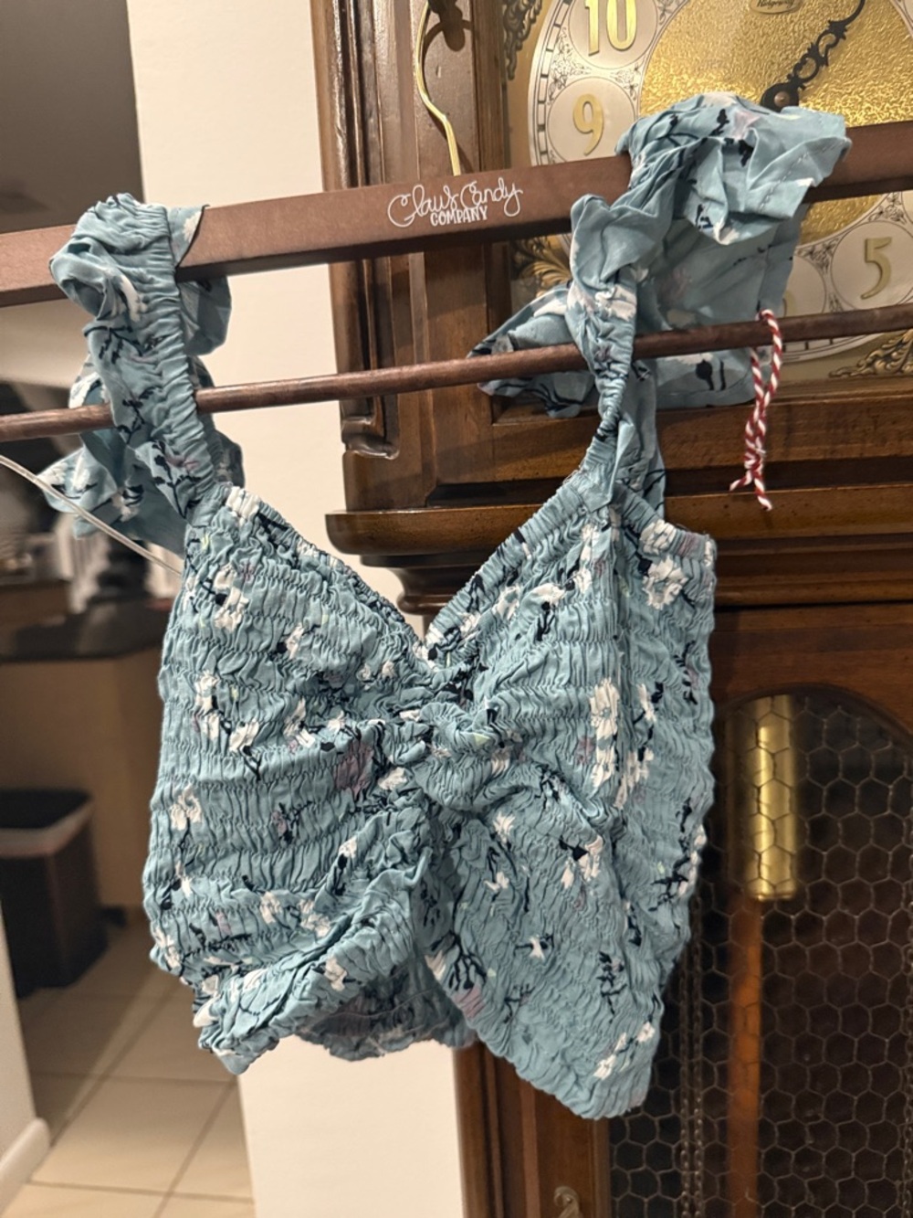 Aqua blue floral scrunch tank top Ruffle shoulder